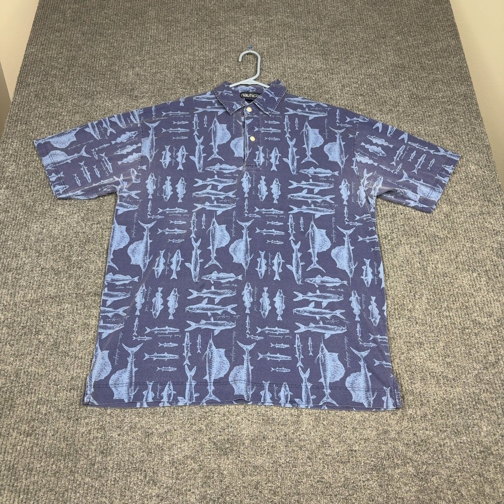 Vintage Nautica Polo Shirt‎ Mens XL Blue Fish Print Short Sleeve Cotton Nautical
